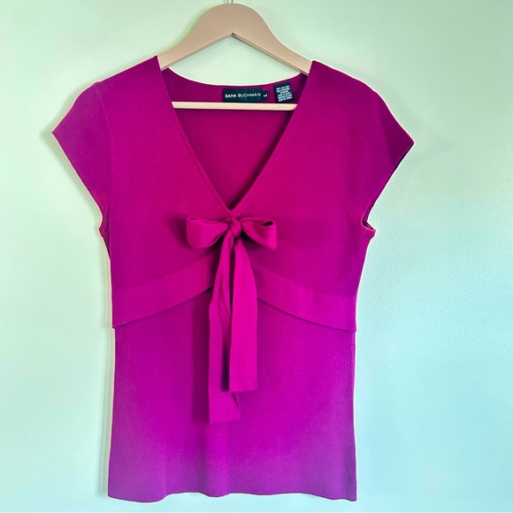 Dana Buchman Magenta Silk/Cashmere Cap Sleeve with Tie Front Sweater Size Large - Picture 2 of 9